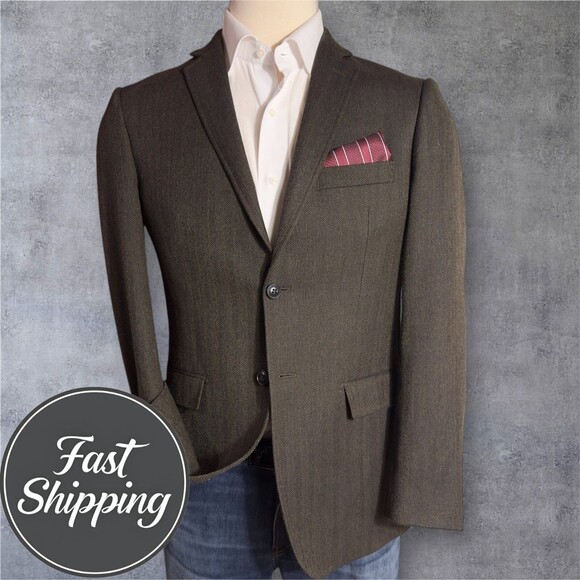 DKNY Mens Blazer Sport Coat Two Button Jacket 40R WOOL  Brown Herringbone Suits - Picture 1 of 16